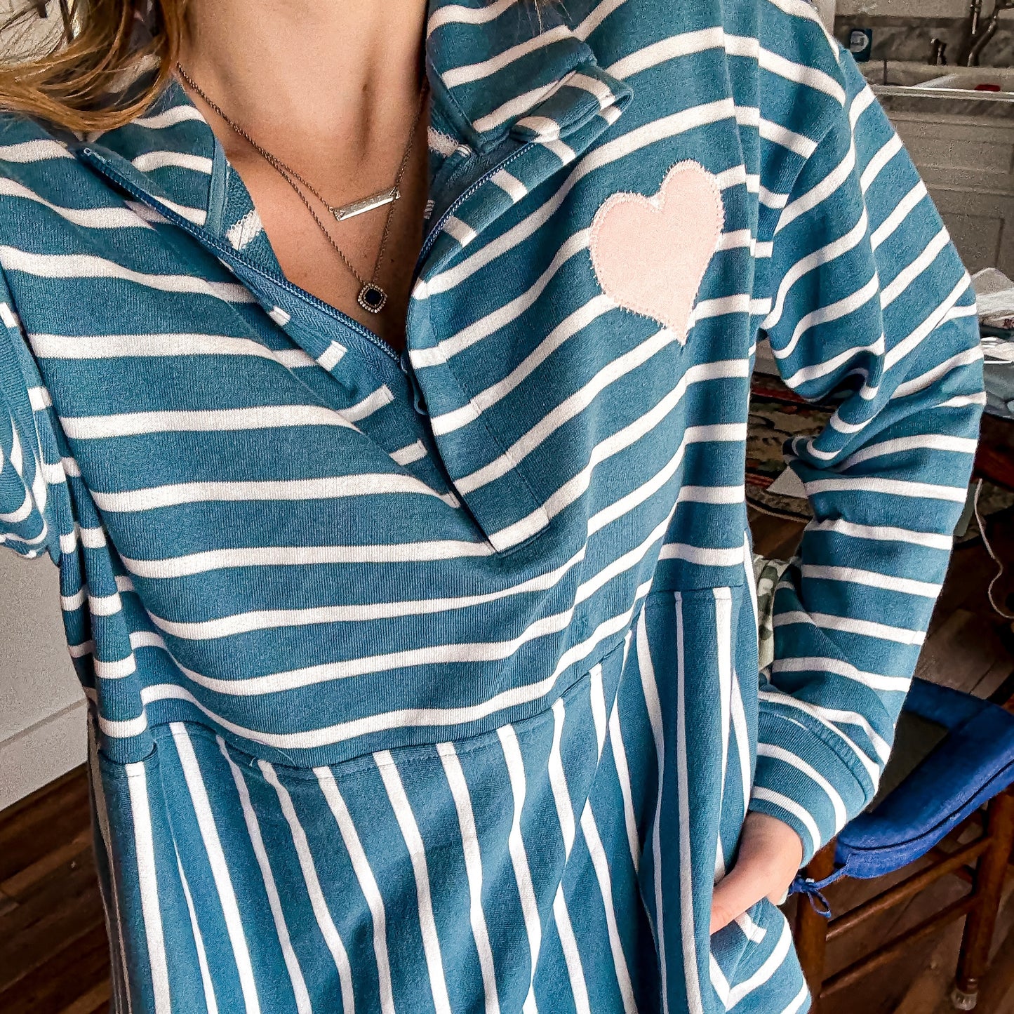 Blue and White Pullover w/ Pink Heart