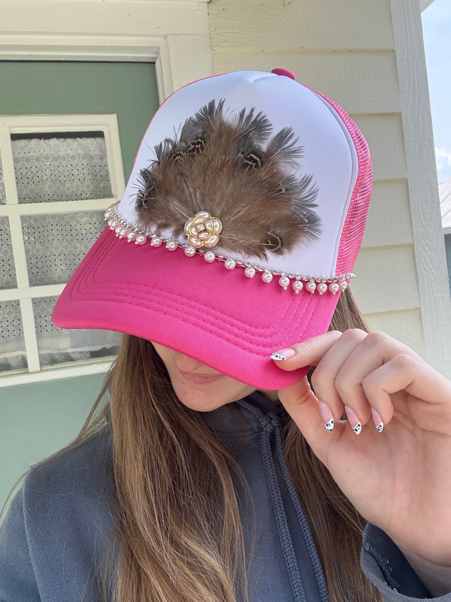 Pink Pearl Feather Trucker Hat
