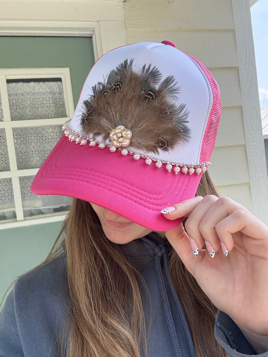 Pink Pearl Feather Trucker Hat