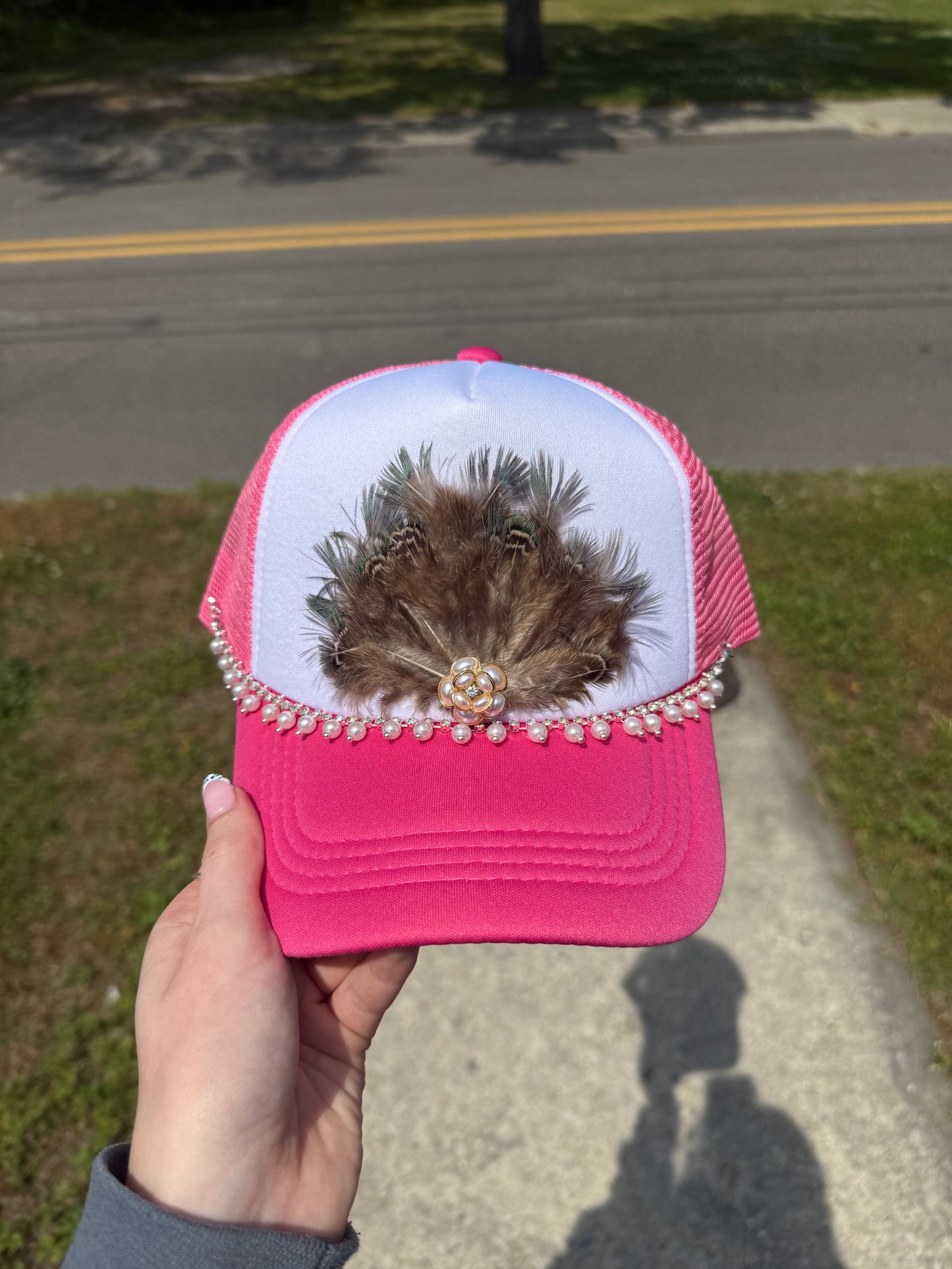 Pink Pearl Feather Trucker Hat