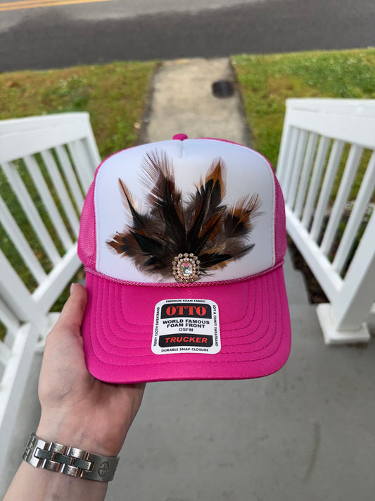 Pink Feather Jewel Trucker Hat