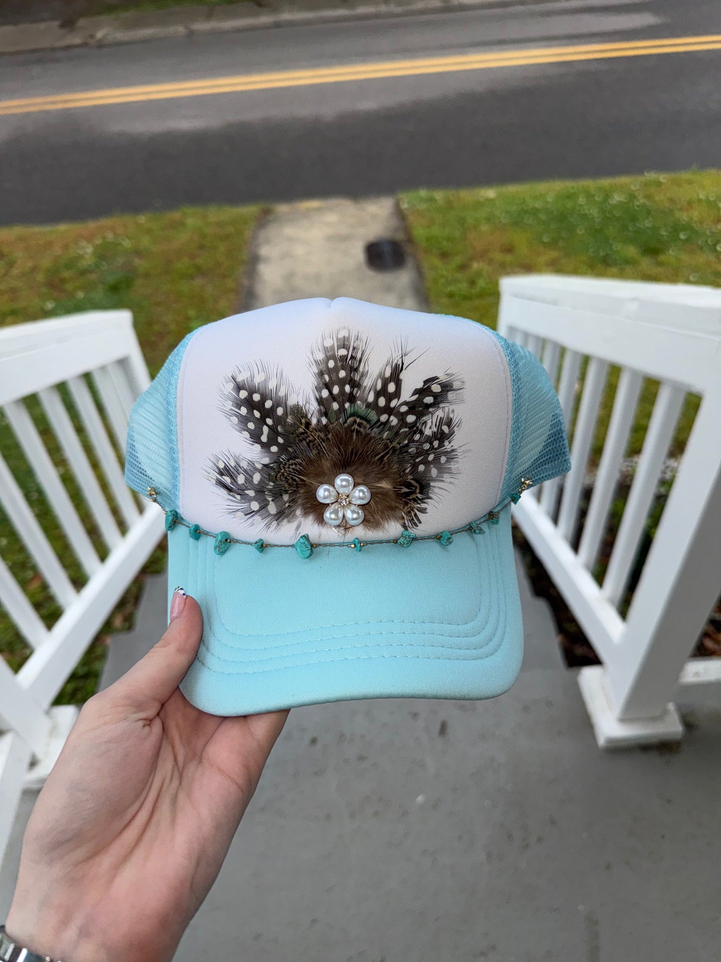 Blue Pearl Feather Trucker Hat